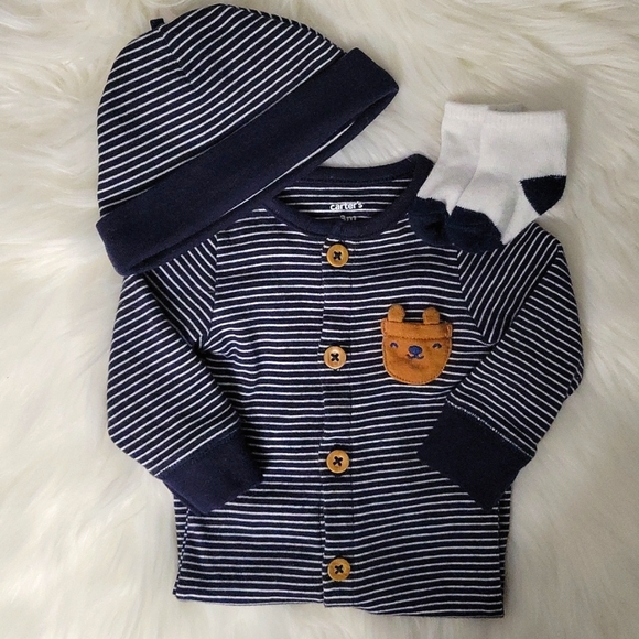 Carter's Matching Striped Bear Jumpsuit With Hat & Socks Size 3m - Picture 6 of 8
